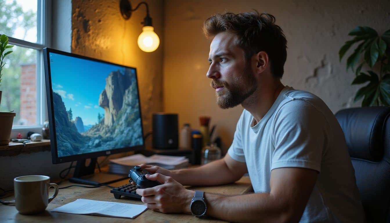 A man in his 30s testing a video game in a cluttered home office. A man in his 30s testing a video game in a cluttered home office.