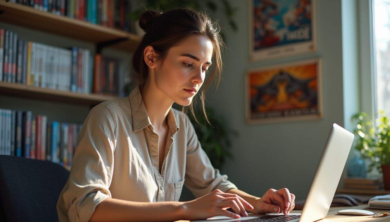 A woman in her 20s is sitting at a desk, typing on a laptop in a gaming-themed room. A woman in her 20s is sitting at a desk, typing on a laptop in a gaming-themed room.