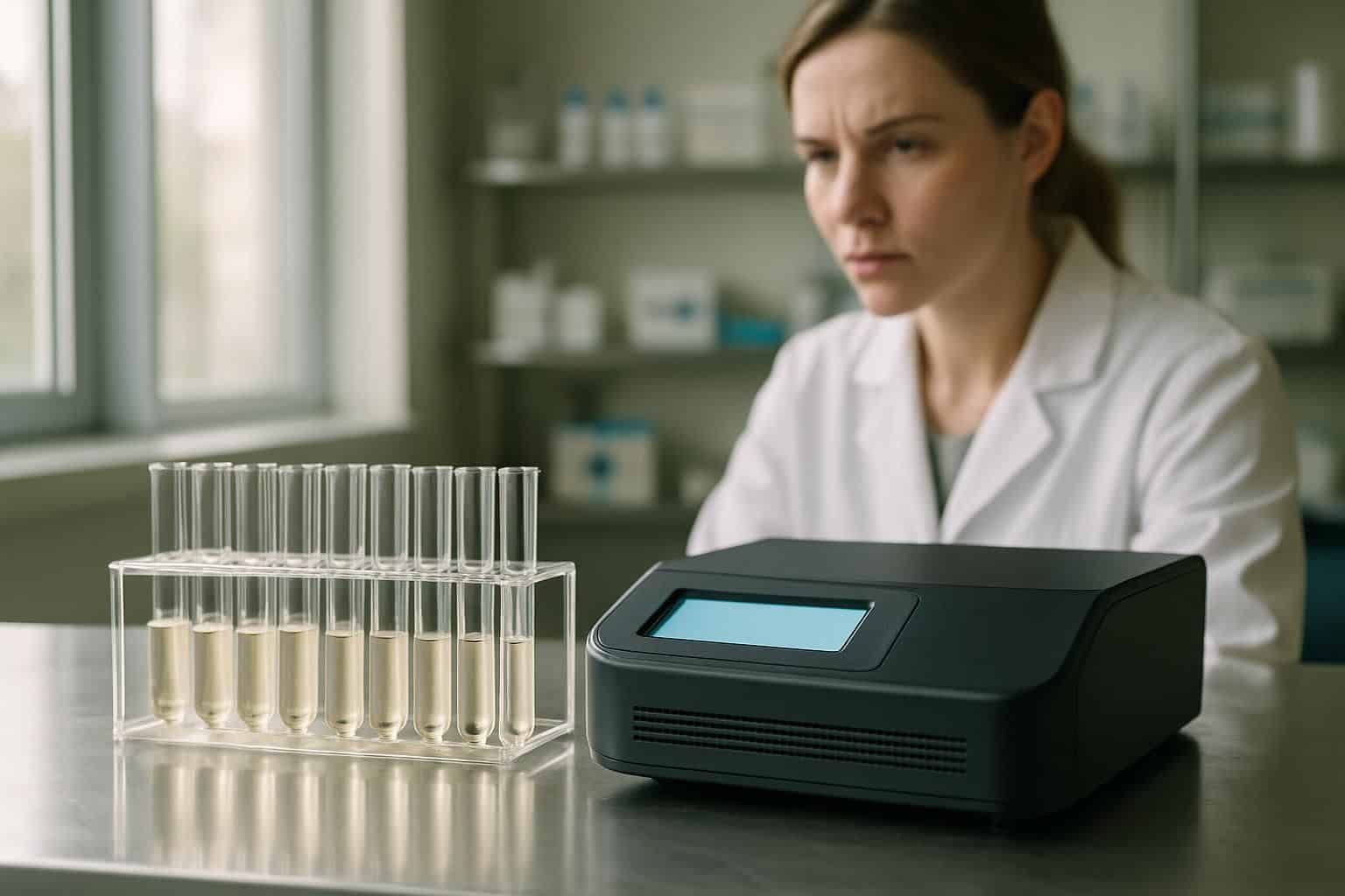A laboratory workstation with organized equipment, including test tubes and a genetic sequencer, conveys precision and readiness for genetic analysis. A laboratory workstation with organized equipment, including test tubes and a genetic sequencer, conveys precision and readiness for genetic analysis.
