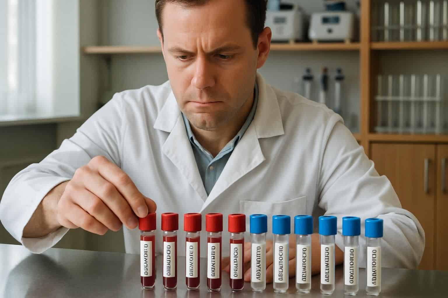 A lab technician in a white lab coat carefully handles labeled blood and saliva sample vials. A lab technician in a white lab coat carefully handles labeled blood and saliva sample vials.