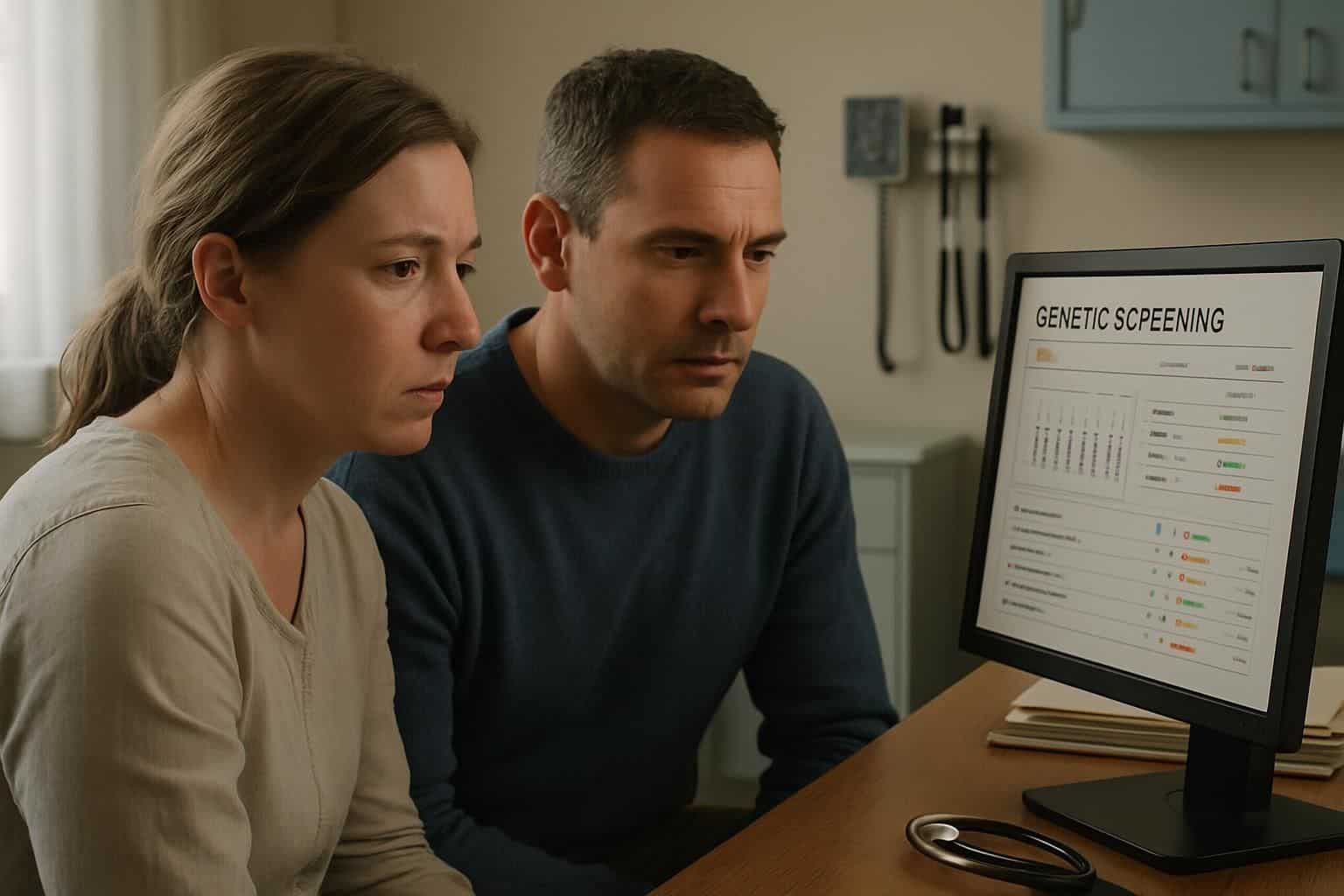 A woman and a man review genetic screening results in a doctor's office. A woman and a man review genetic screening results in a doctor's office.