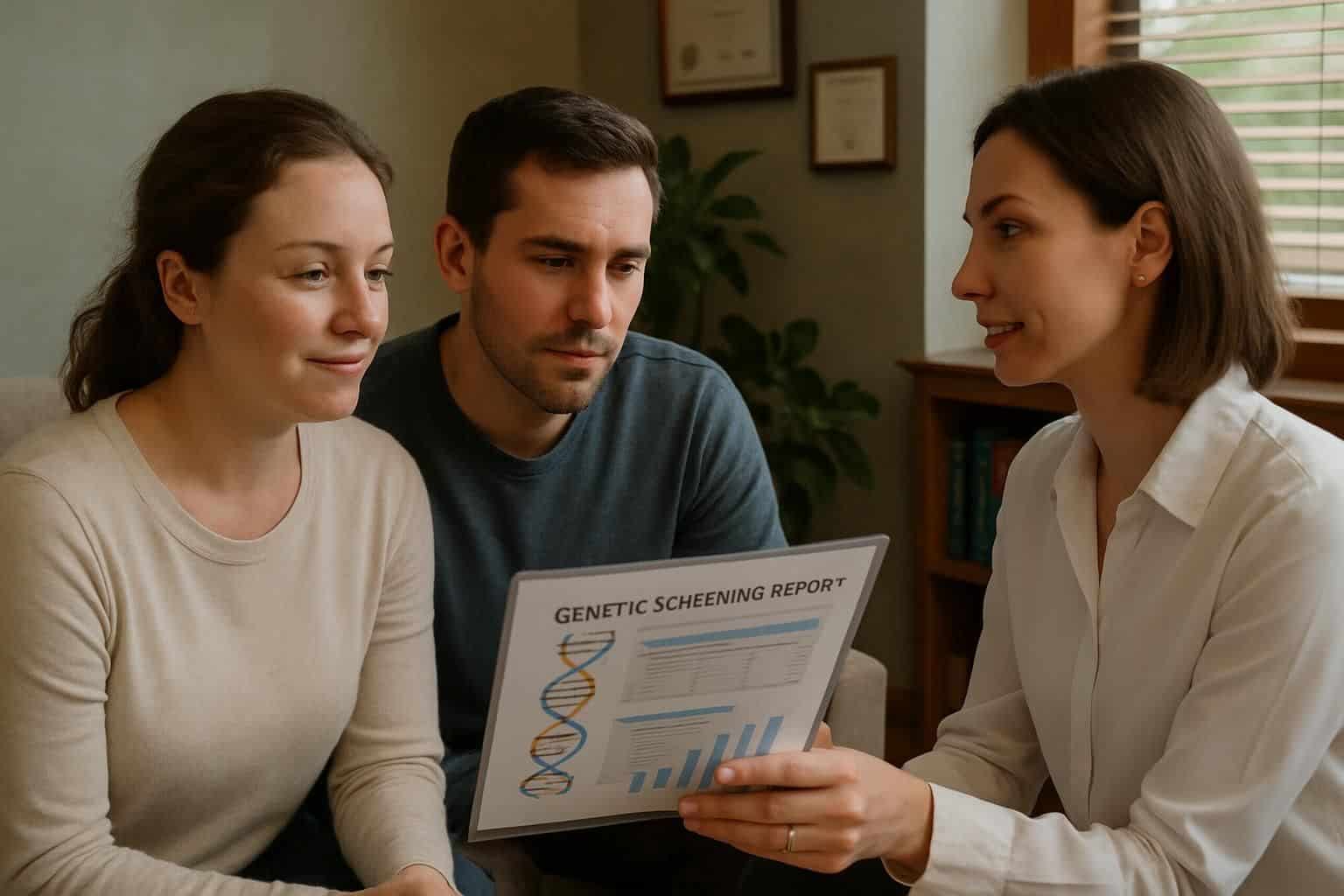 A genetic counselor discusses screening results with a couple in a warm, intimate office setting. A genetic counselor discusses screening results with a couple in a warm, intimate office setting.