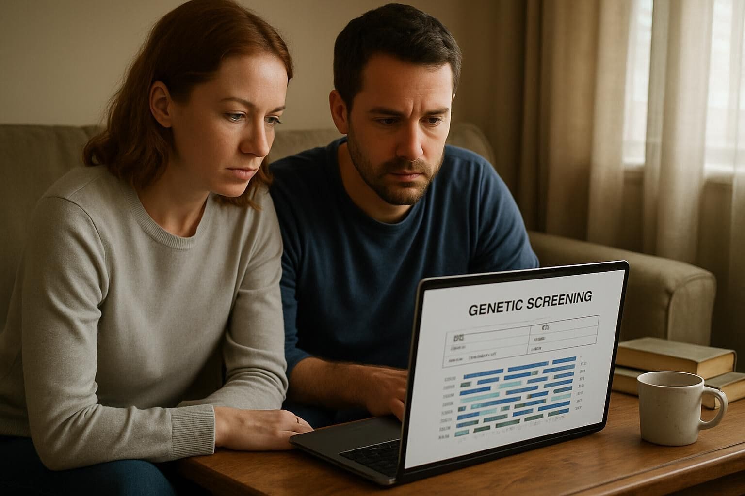 A couple is seated on a living room sofa, deeply engrossed in viewing genetic screening data on a laptop. A couple is seated on a living room sofa, deeply engrossed in viewing genetic screening data on a laptop.