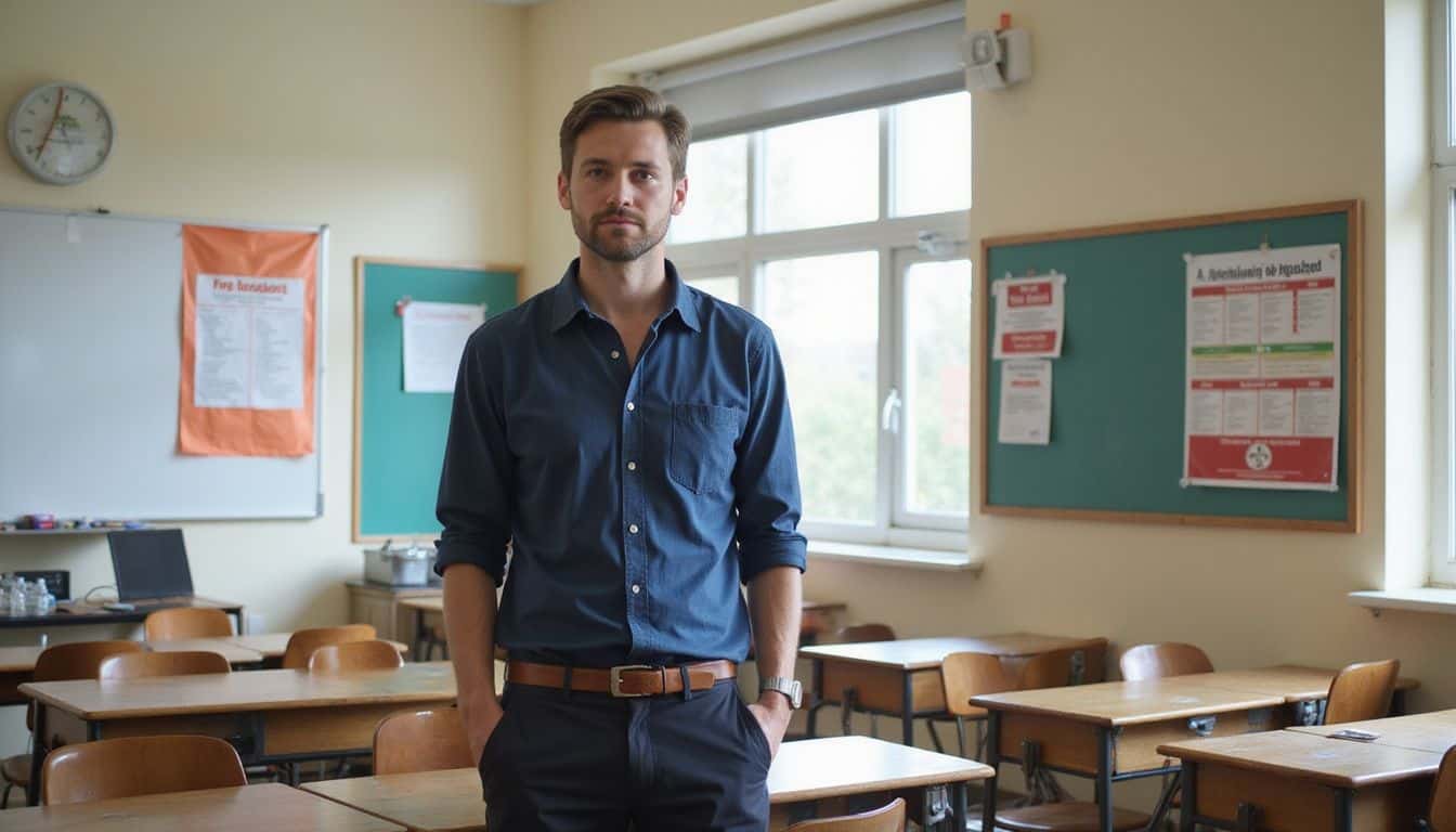 A confident male teacher stands in a well-lit classroom during a staff crisis response and first aid session.
