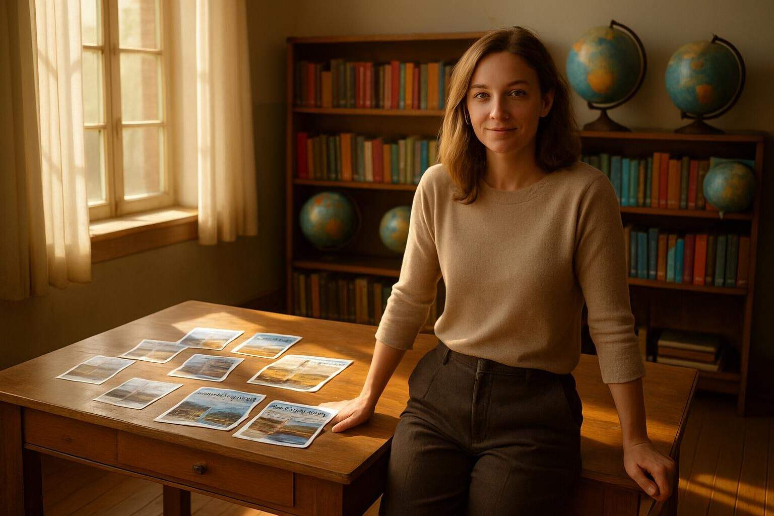 A foreign language classroom with sunlight, books, globes, and a friendly teacher. A foreign language classroom with sunlight, books, globes, and a friendly teacher.