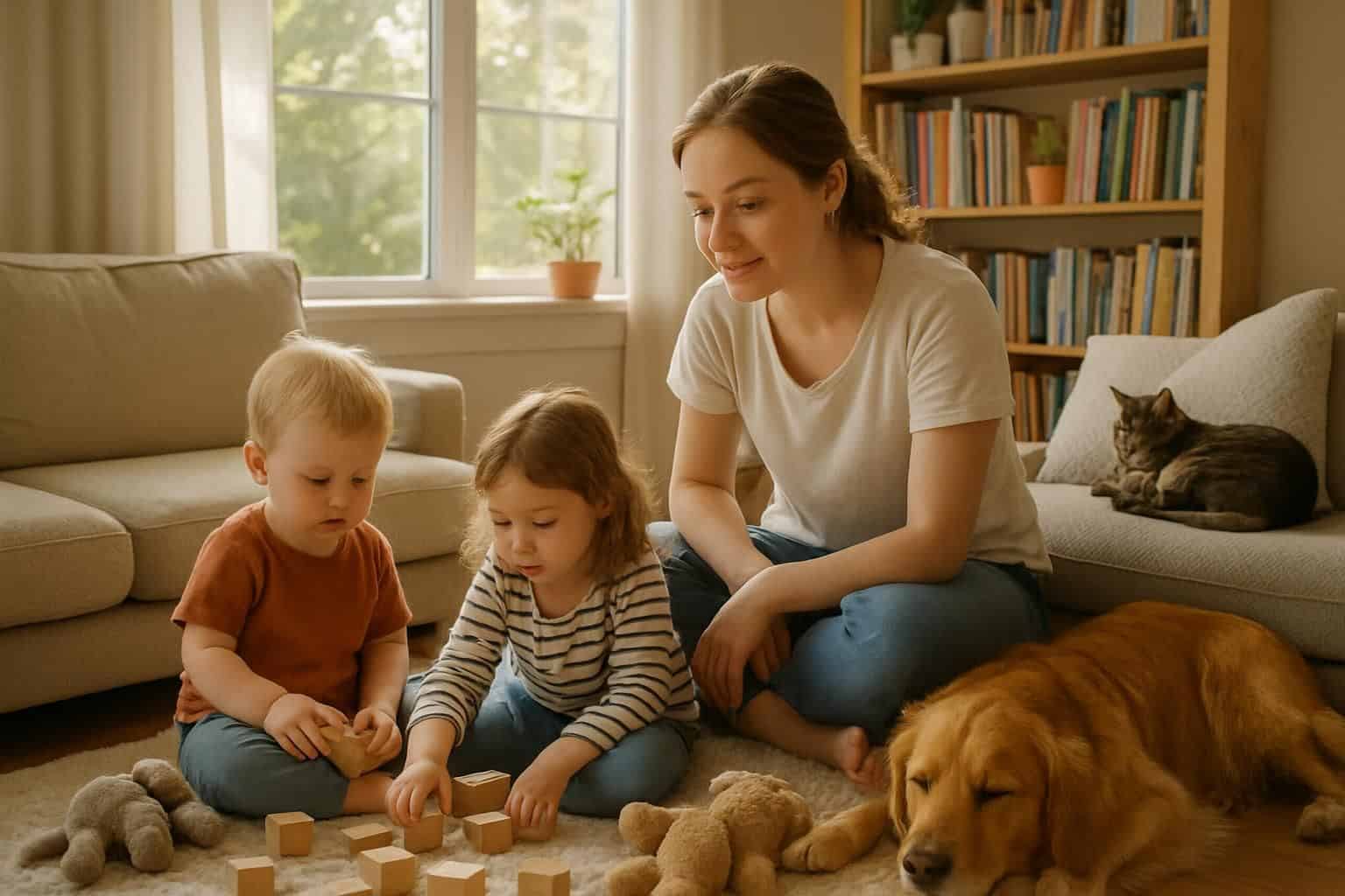 A relaxed au pair interacts with children and pets in a sunlit, cozy living room. A relaxed au pair interacts with children and pets in a sunlit, cozy living room.