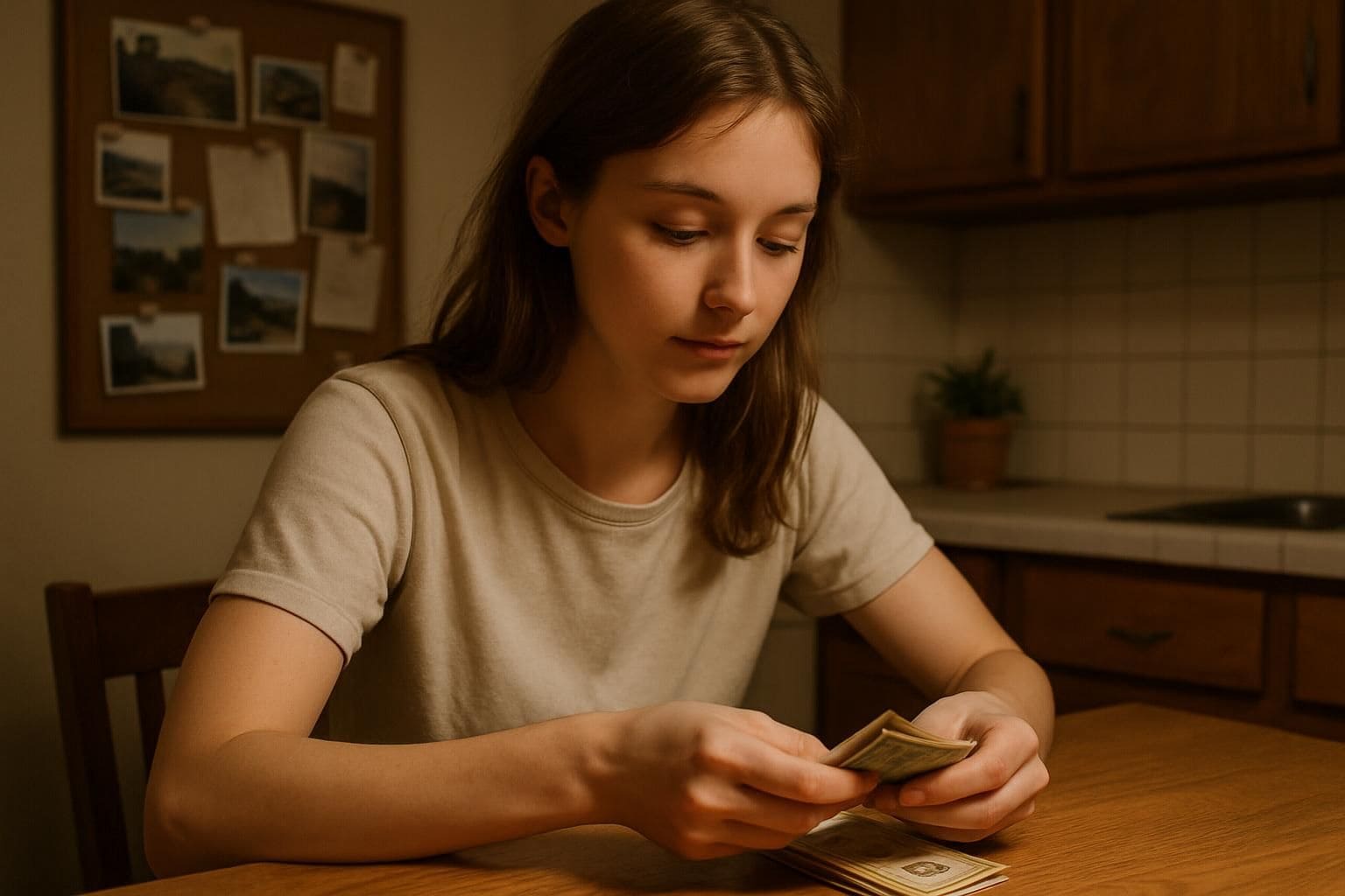 A young woman sits at a kitchen table, counting money with focused concentration. A young woman sits at a kitchen table, counting money with focused concentration.