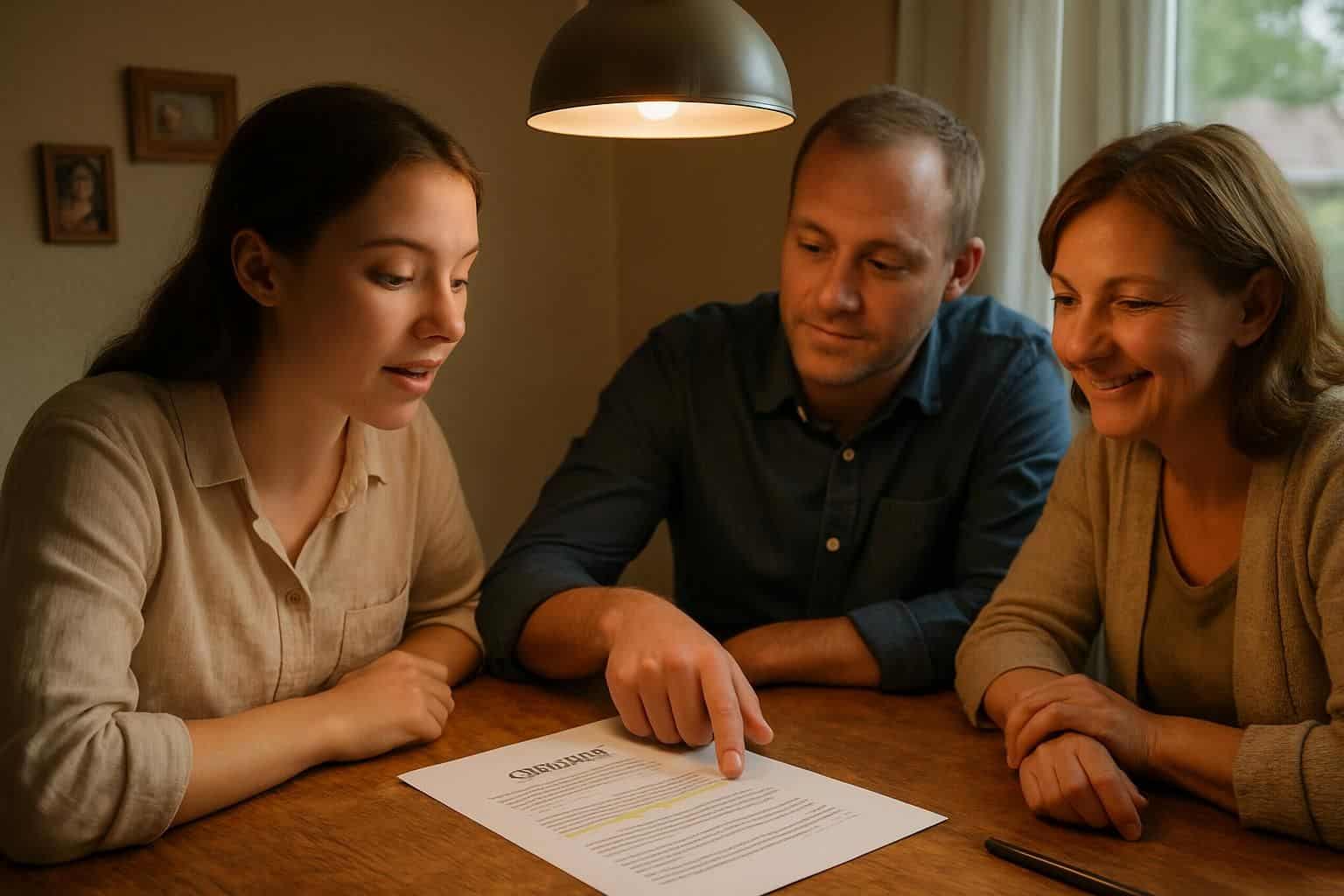 A young au pair and her host family review a contract at a well-worn kitchen table. A young au pair and her host family review a contract at a well-worn kitchen table.
