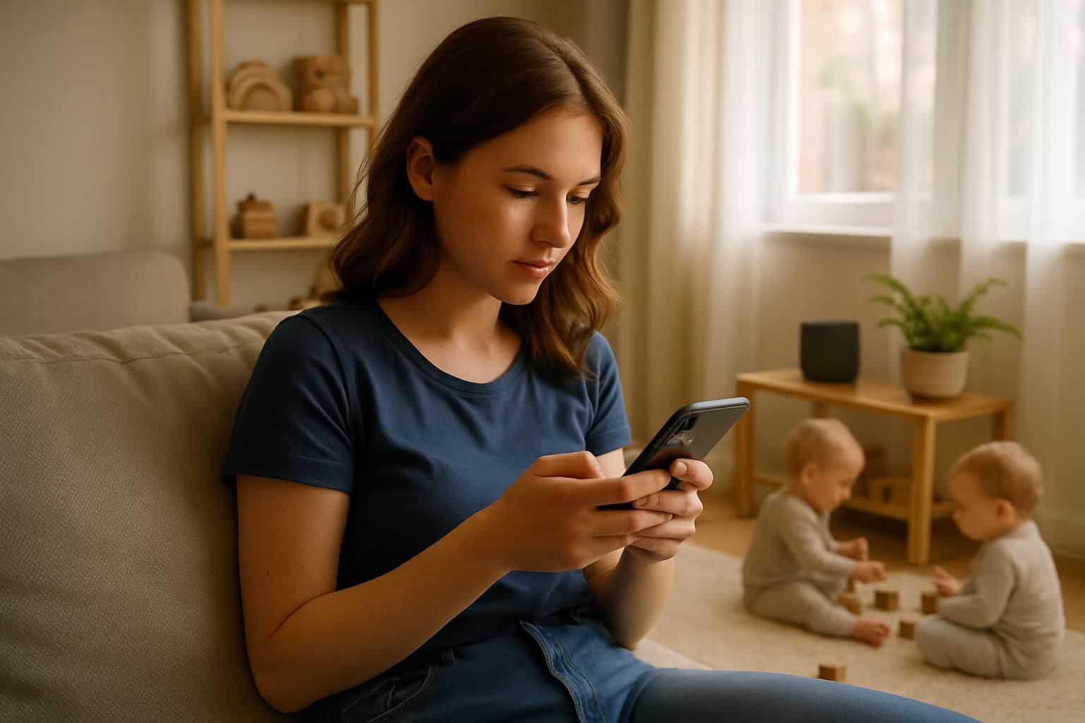 A young woman sits in a sunlit living room, scrolling through her smartphone amidst toddler toys and minimalist decor. A young woman sits in a sunlit living room, scrolling through her smartphone amidst toddler toys and minimalist decor.