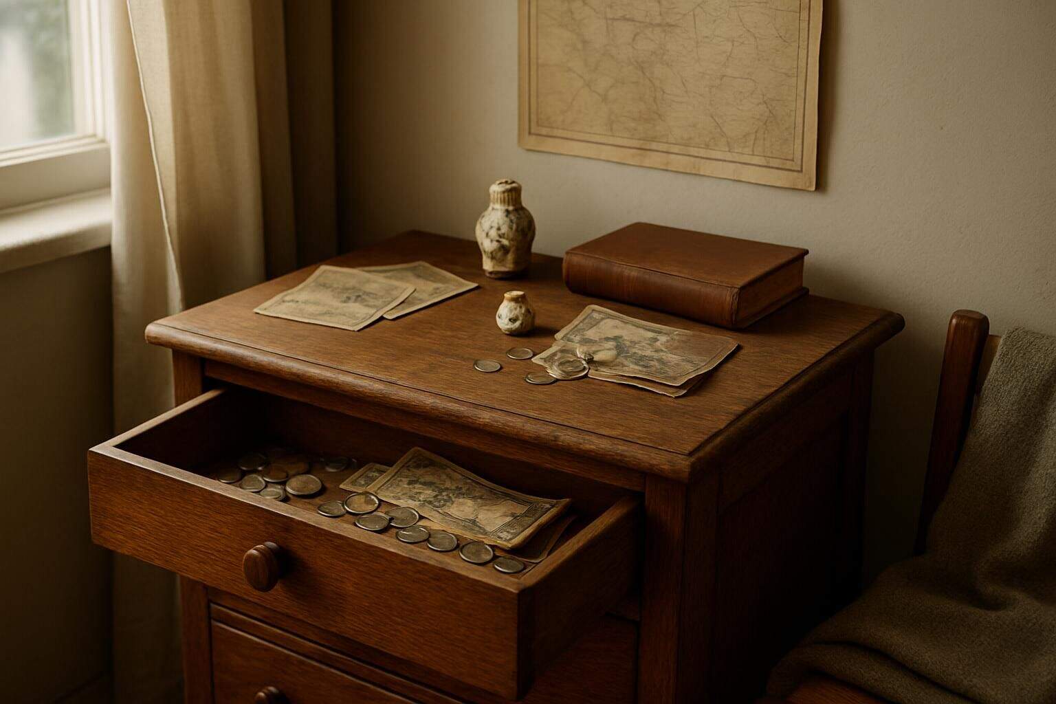 An antique dresser displays travel memorabilia, foreign coins, and a vintage map in a cozy, lived-in room. An antique dresser displays travel memorabilia, foreign coins, and a vintage map in a cozy, lived-in room.