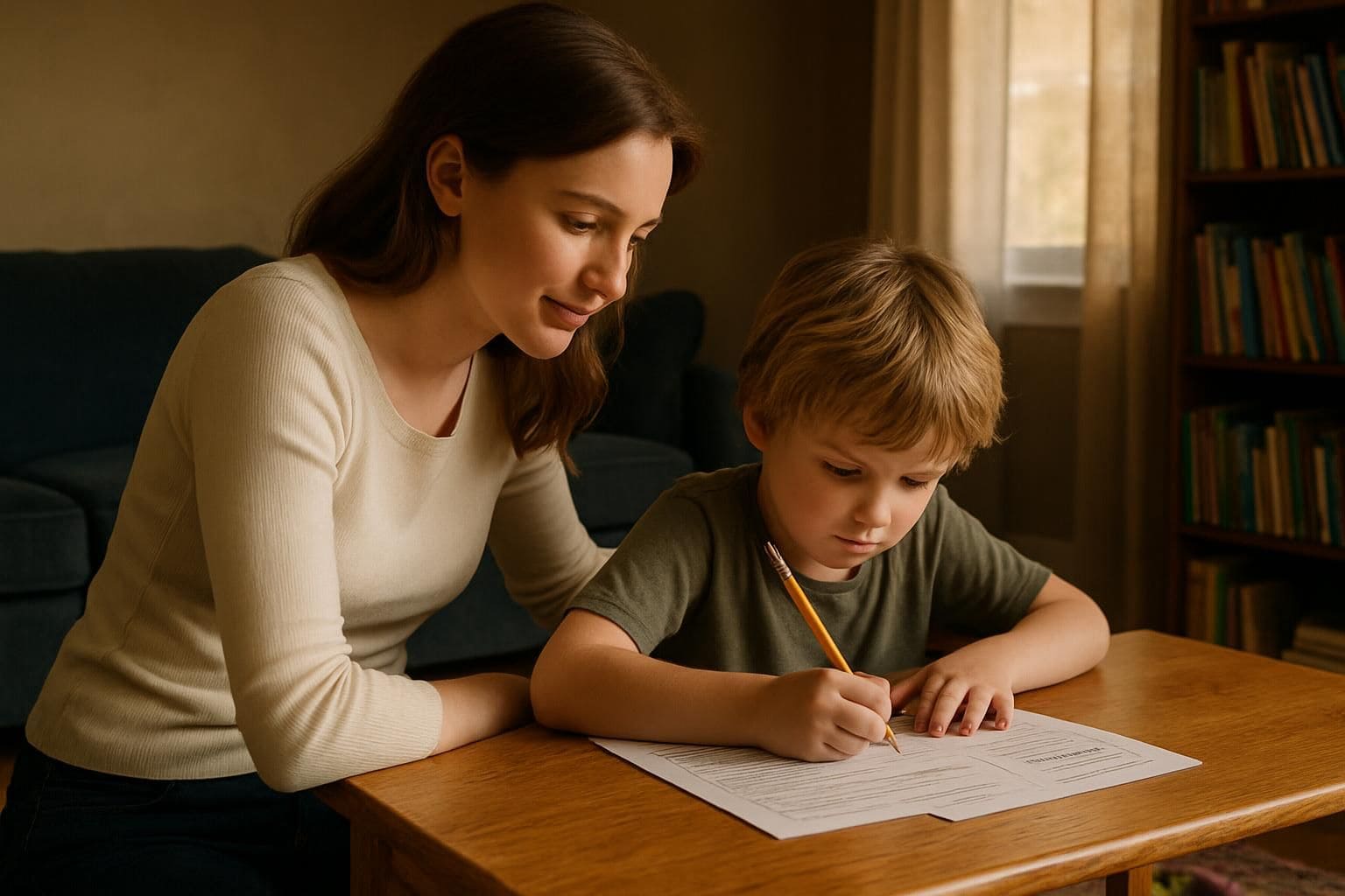 A young woman helps a child with homework in a cozy, sunlit living room setting. A young woman helps a child with homework in a cozy, sunlit living room setting.