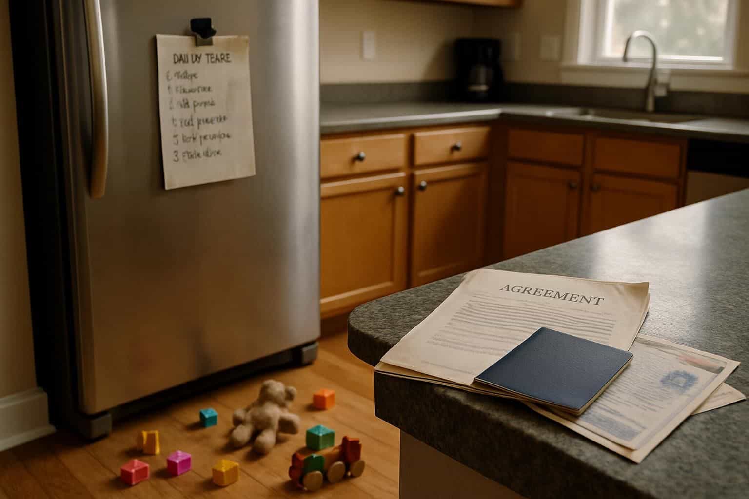 A cluttered kitchen floor with children's toys, a messy fridge to-do list, and important documents on the counter. A cluttered kitchen floor with children's toys, a messy fridge to-do list, and important documents on the counter.