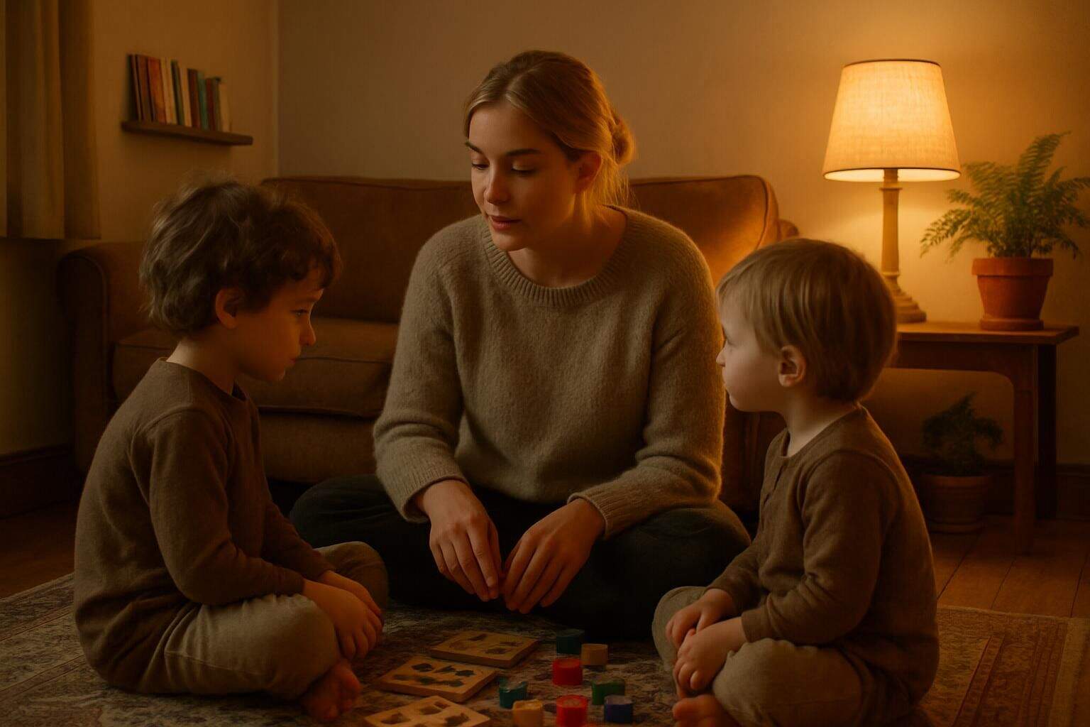 A Danish au pair engages with two young children in a cozy living room filled with toys and books. A Danish au pair engages with two young children in a cozy living room filled with toys and books.