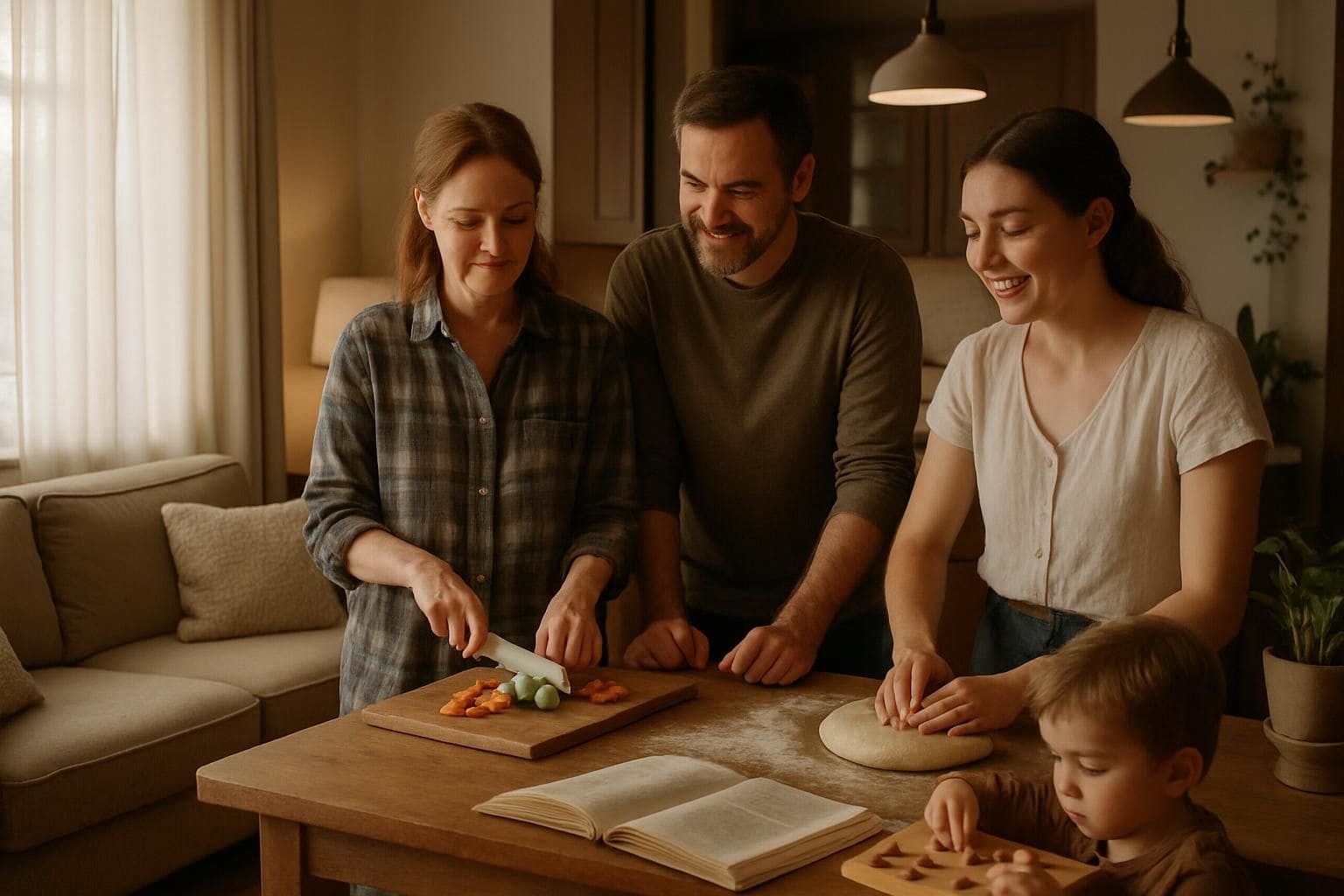 A family and their au pair share a warm, inviting living room, preparing a meal together. A family and their au pair share a warm, inviting living room, preparing a meal together.