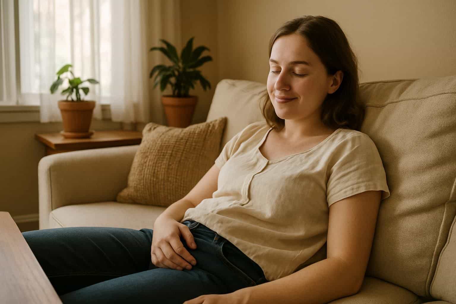 A relaxed au pair sits on a cream sofa in a cozy living room. A relaxed au pair sits on a cream sofa in a cozy living room.