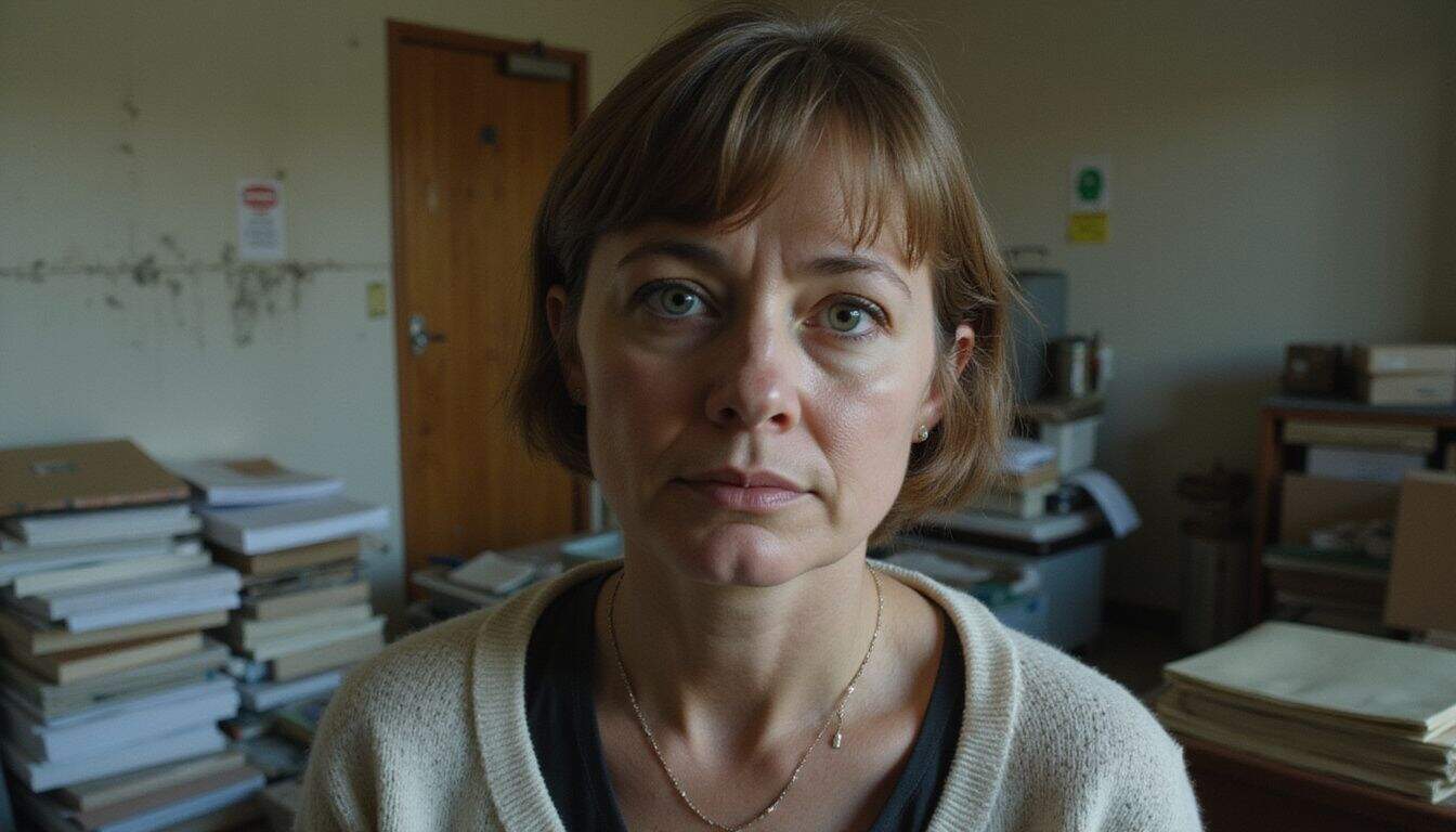 A woman looks concerned in a cluttered and messy room with signs of pests and mold. A woman looks concerned in a cluttered and messy room with signs of pests and mold.
