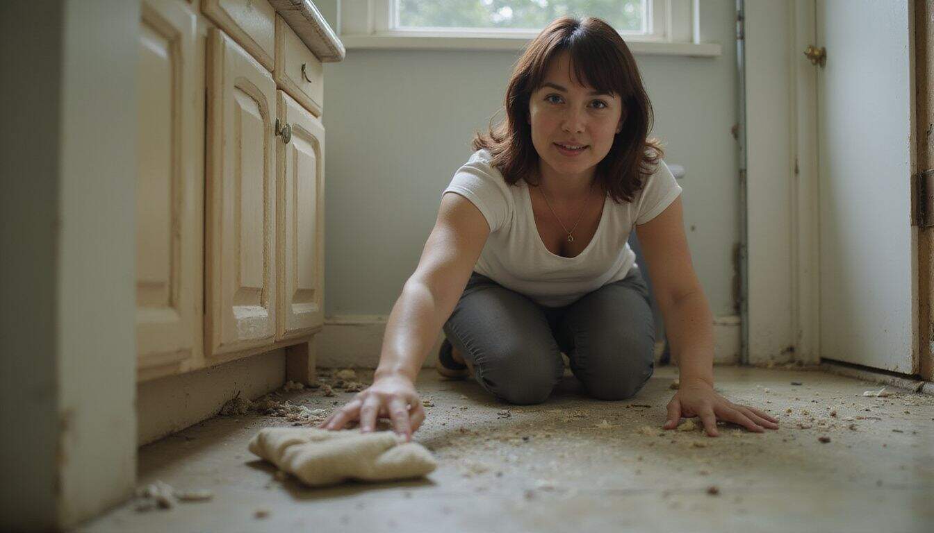 A woman in her 40s cleaning a cluttered bathroom floor with a scrubber. A woman in her 40s cleaning a cluttered bathroom floor with a scrubber.
