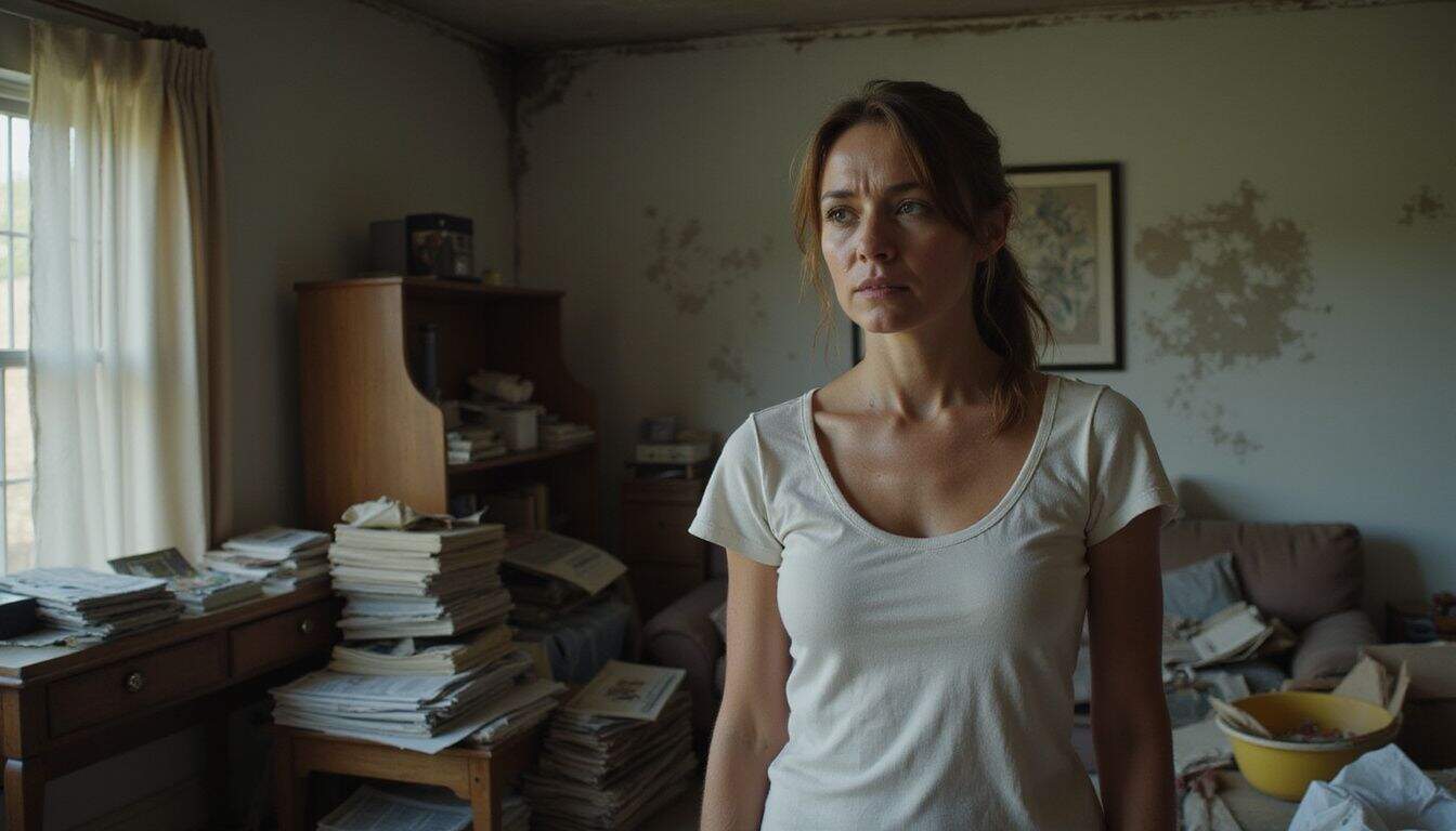 A middle-aged woman looks worried in a cluttered, messy living room. A middle-aged woman looks worried in a cluttered, messy living room.