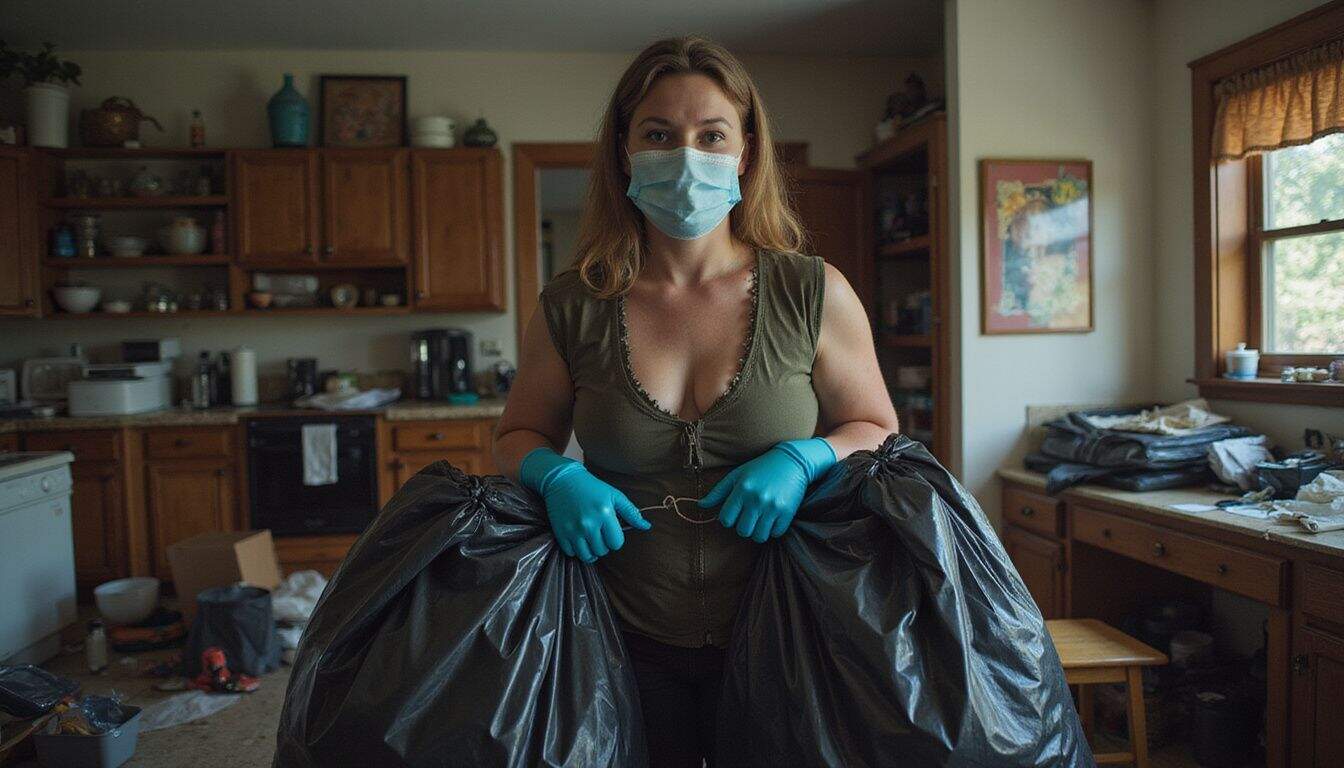 A woman in her 30s prepares to clean up a hoarder's house, wearing gloves and a mask. A woman in her 30s prepares to clean up a hoarder's house, wearing gloves and a mask.