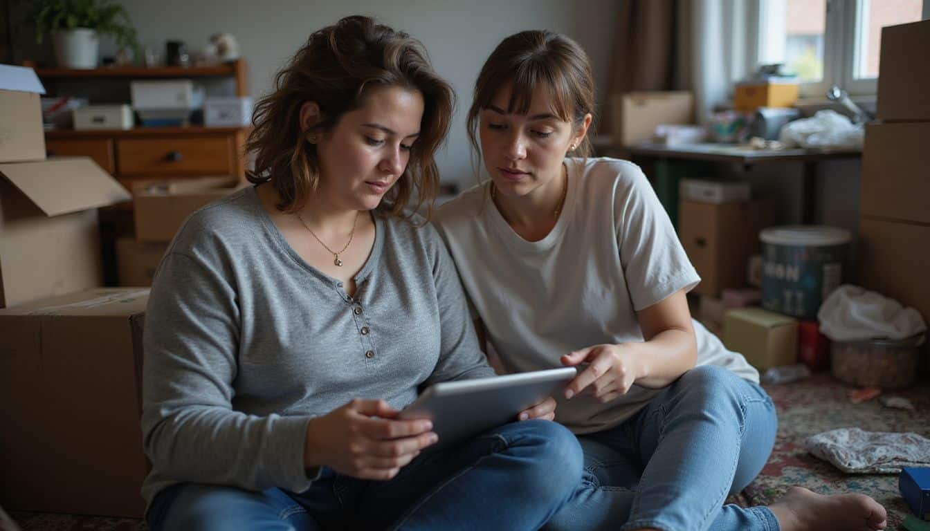 A middle-aged woman works with a counselor to declutter her home and address emotional aspects related to hoarding. A middle-aged woman works with a counselor to declutter her home and address emotional aspects related to hoarding.