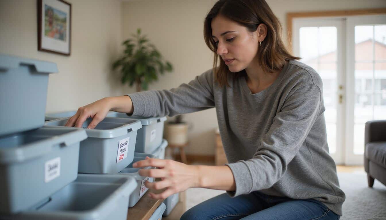 A woman in her 30s is organizing labeled bins in her living room. A woman in her 30s is organizing labeled bins in her living room.