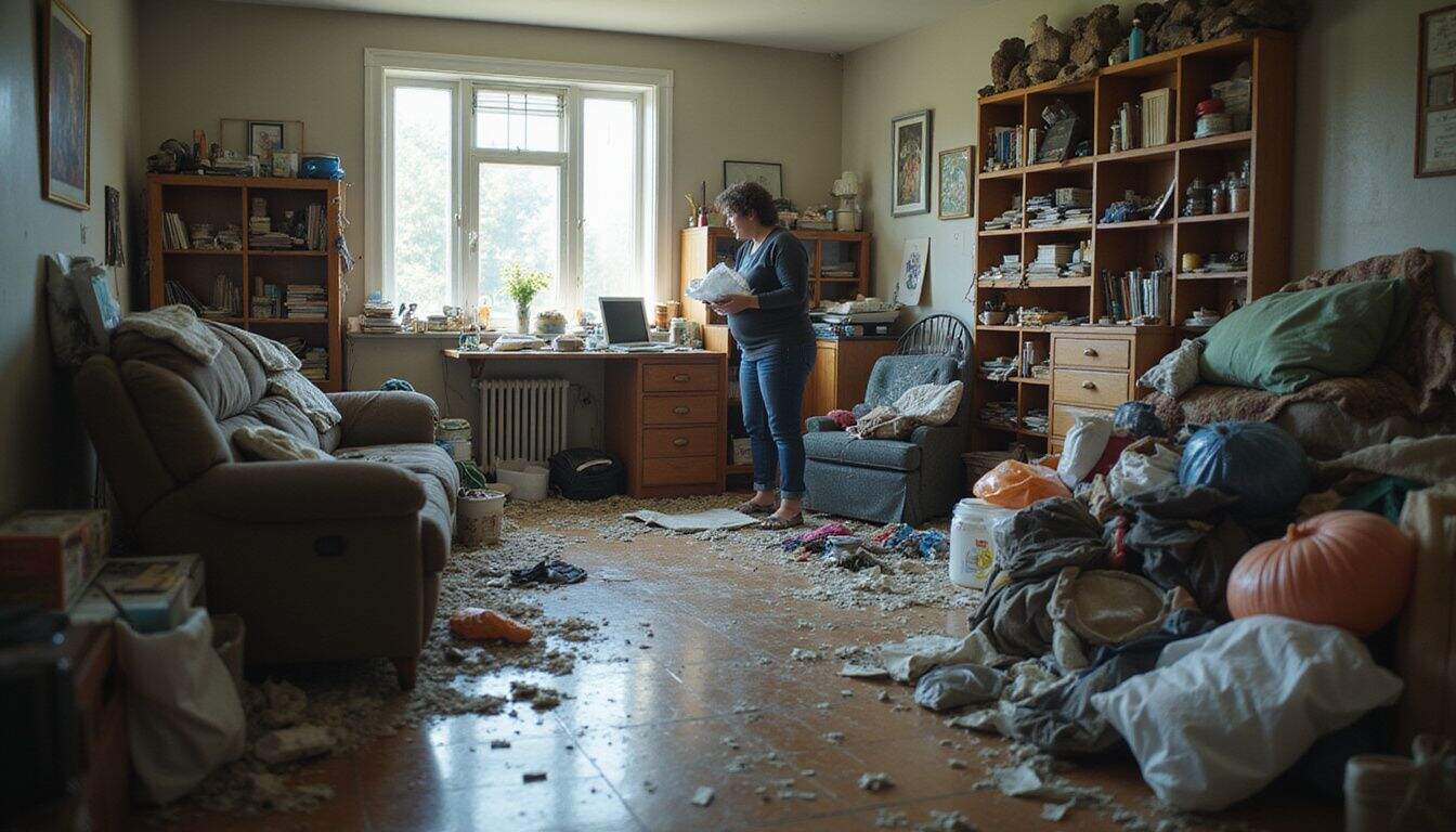 A cluttered room with piles of objects being organized by a person. A cluttered room with piles of objects being organized by a person.