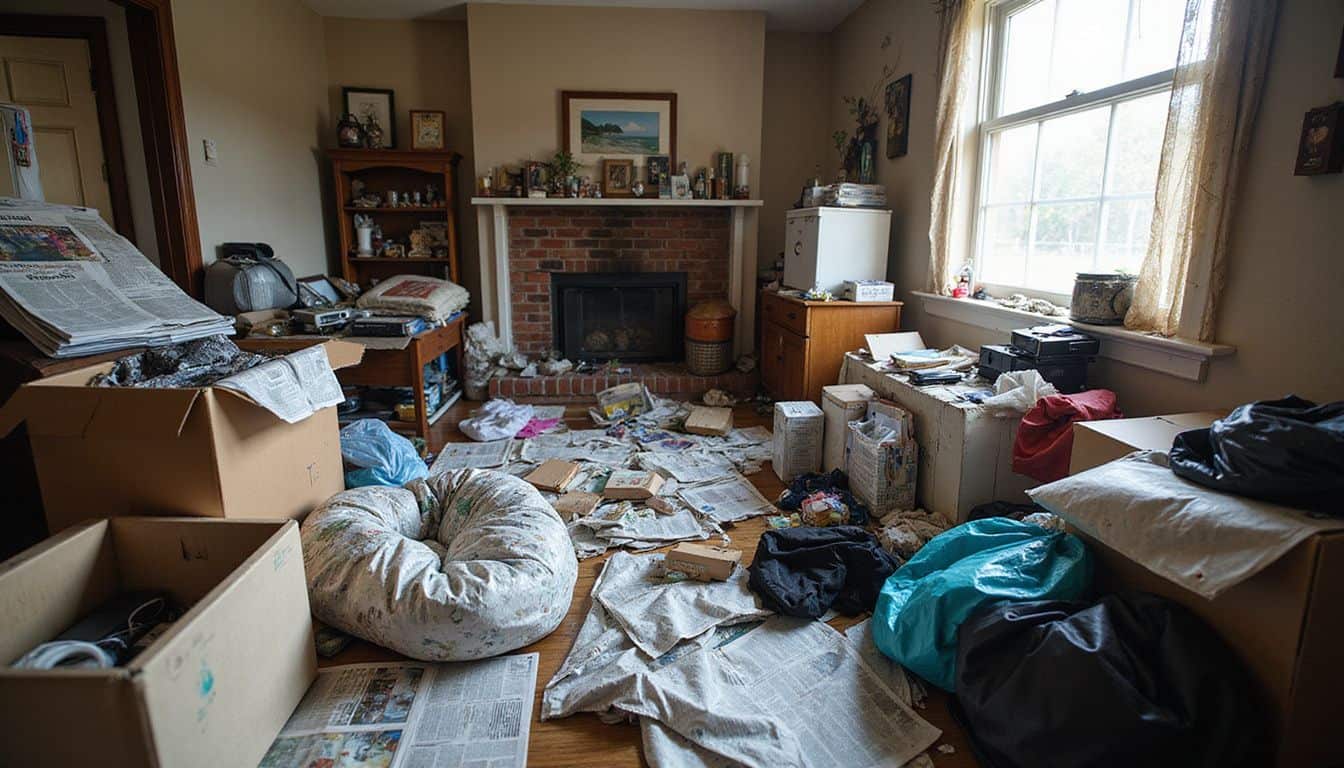 The cluttered room in a hoarder's house is filled with piles of old newspapers, broken electronics, and unworn clothes. The cluttered room in a hoarder's house is filled with piles of old newspapers, broken electronics, and unworn clothes.