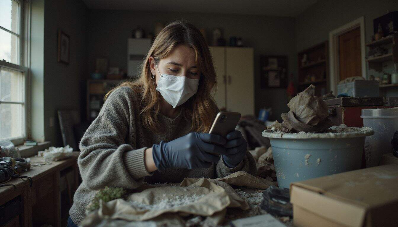 A woman in her 30s wears protective gear while sorting through clutter in a hoarder's home. A woman in her 30s wears protective gear while sorting through clutter in a hoarder's home.