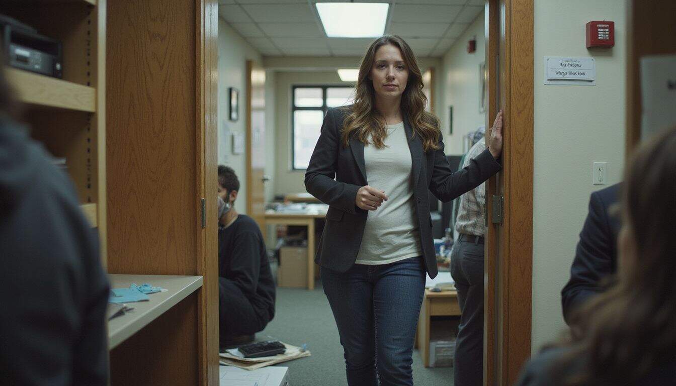 A woman in her 30s clearing a cluttered doorway in a busy office building. A woman in her 30s clearing a cluttered doorway in a busy office building.