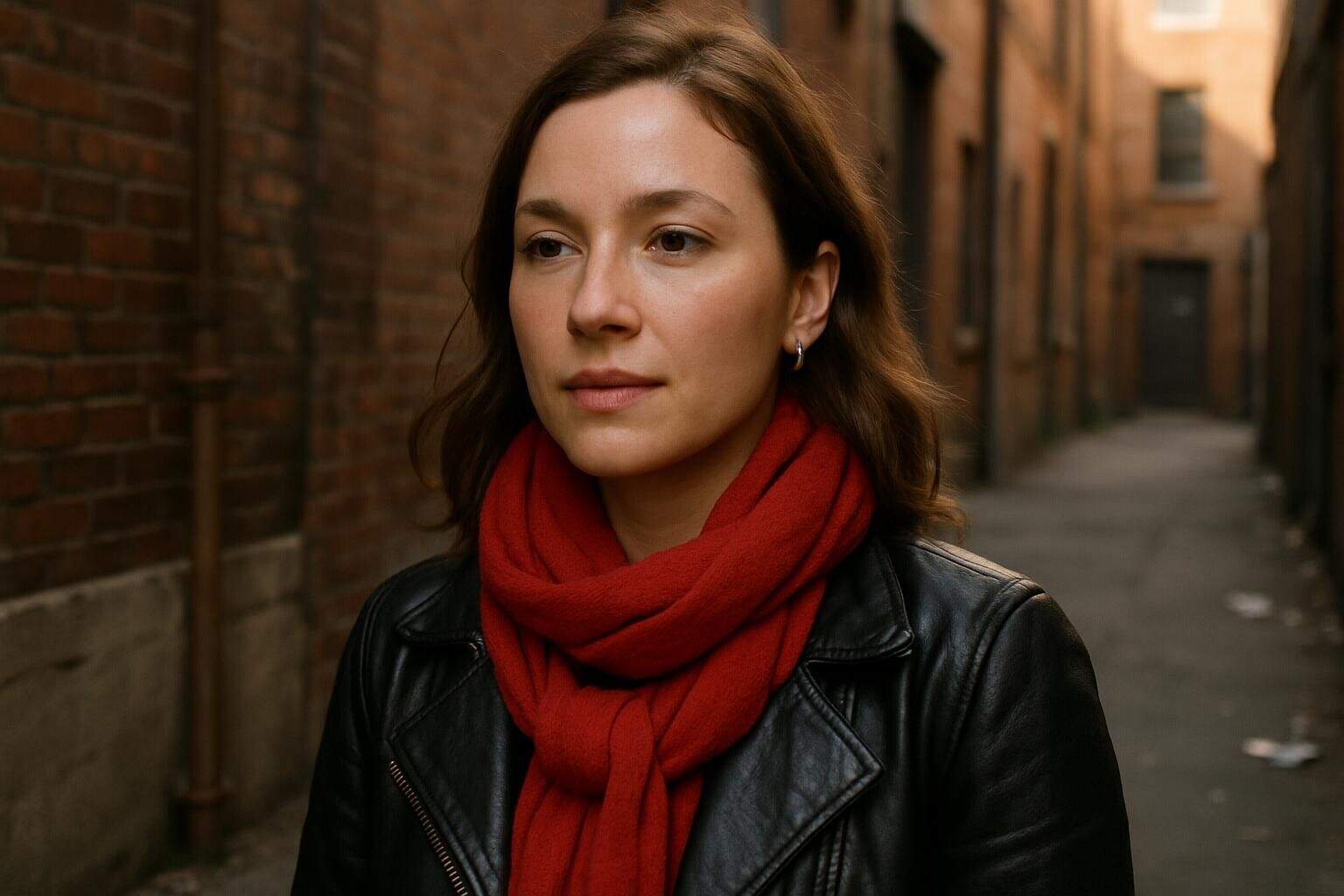 A woman in her twenties stands in an urban alleyway, wearing a leather jacket and red scarf. A woman in her twenties stands in an urban alleyway, wearing a leather jacket and red scarf.