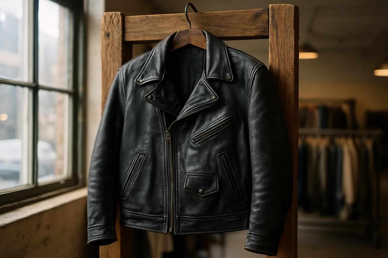 A worn black leather motorcycle jacket hangs from a weathered wooden coat rack in a vintage shop setting. A worn black leather motorcycle jacket hangs from a weathered wooden coat rack in a vintage shop setting.