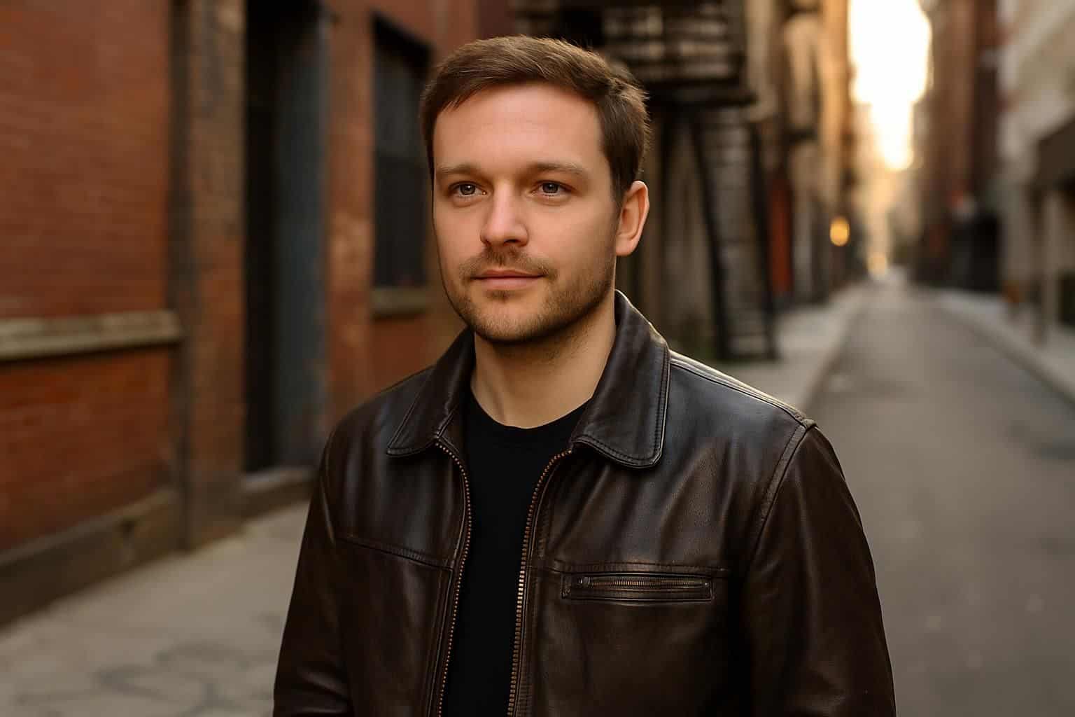 A man in his mid-30s wearing a worn dark brown leather jacket stands on a city street during late afternoon. A man in his mid-30s wearing a worn dark brown leather jacket stands on a city street during late afternoon.