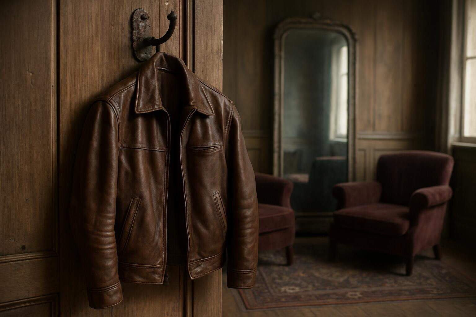 A worn leather jacket hangs from a rusty coat hook in a vintage dressing room. A worn leather jacket hangs from a rusty coat hook in a vintage dressing room.