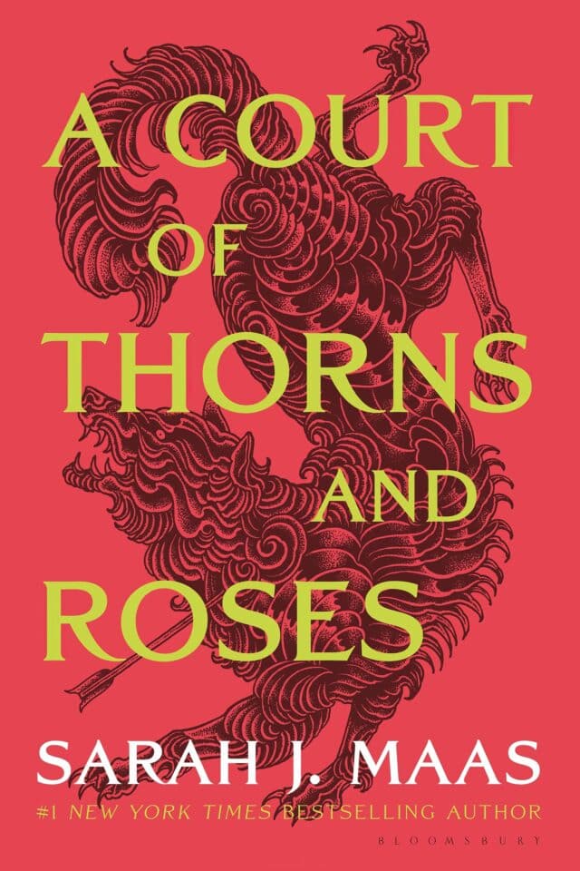 A young couple stands in an embrace amidst a lush garden at twilight. A Court of Thorns and Roses by Sarah J. Maas