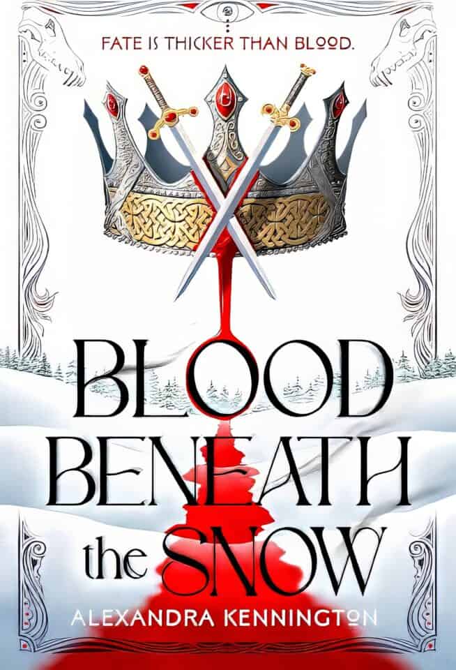 A young woman and man stand in a snowy forest clearing, engaging in a quiet winter ritual. Blood Beneath the Snow by Alexandra Kennington