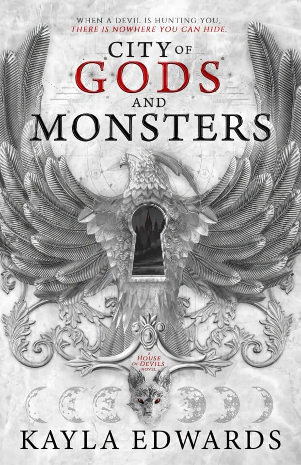 A young woman walks through a bustling city street lined with ancient mythical figures. City of Gods and Monsters by Kayla Edwards