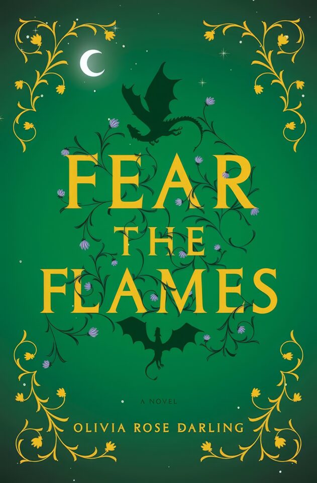 A man and woman stand before a towering blaze, showing fear and resolve in their expressions. Fear the Flames by Olivia Rose Darling