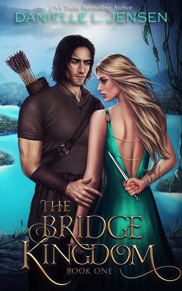 A stone bridge spans a churning river under stormy skies, with a figure contemplating by the water. The Bridge Kingdom by Danielle L. Jensen