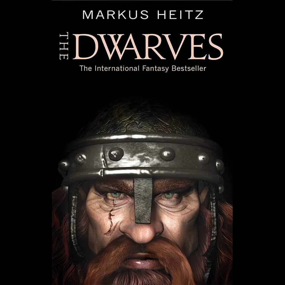 A rugged mountain cave filled with ancient dwarven artifacts and a solitary figure. The Dwarves by Markus Heitz