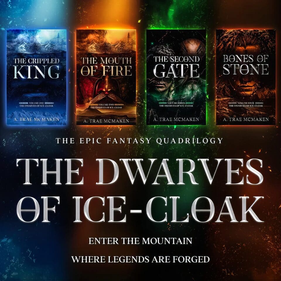 A determined man stands in a snowy mountain pass, dressed for cold weather. The Dwarves of Ice Cloak by D. P. Prior