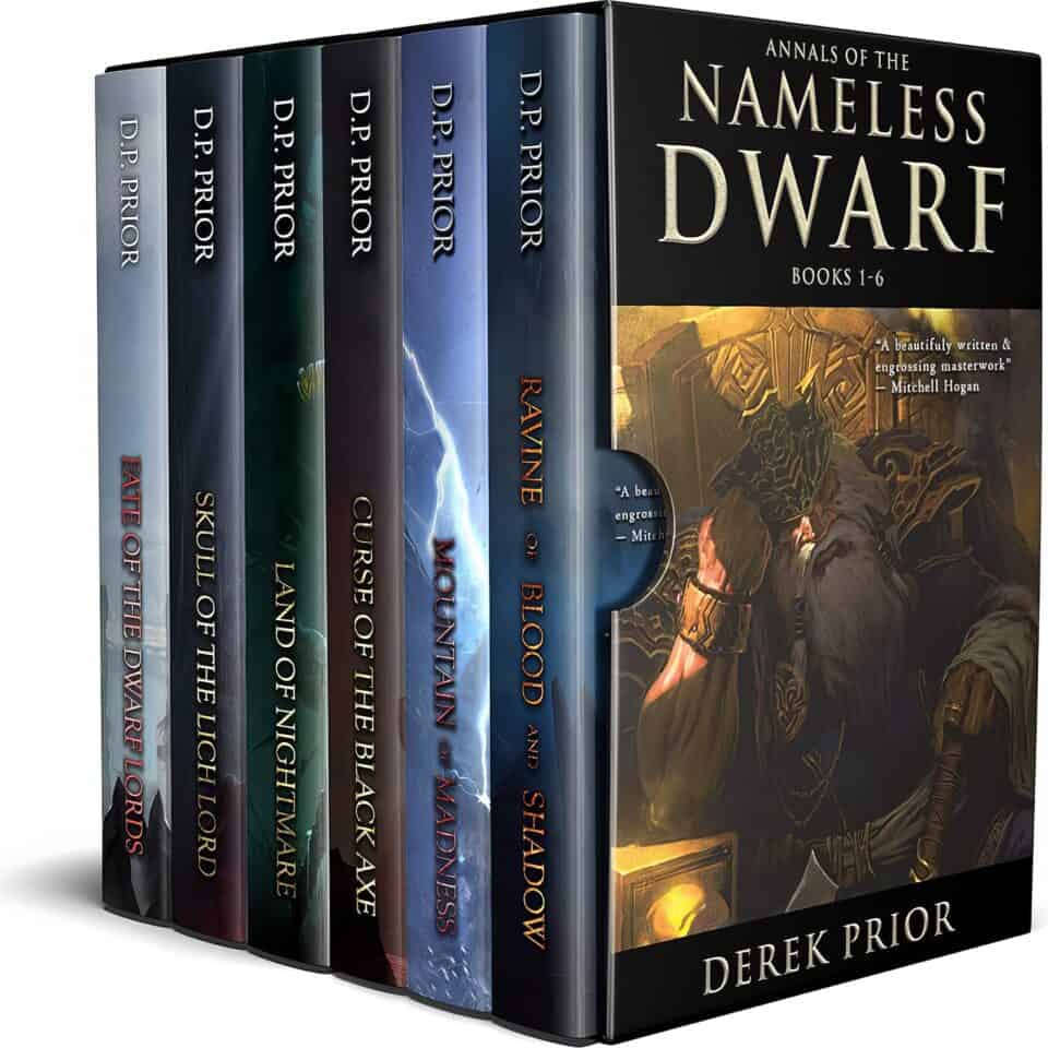 A group of rugged men in worn battle gear stand in a gritty outdoor environment, preparing for a tough task ahead. The Dwarvish Dirty Dozen by Derek Prior