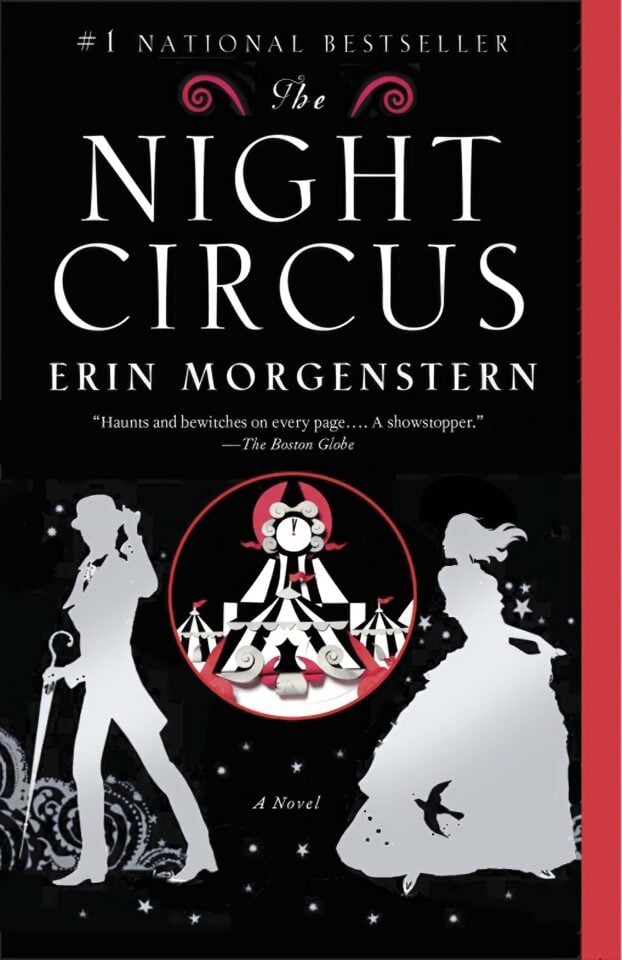 A black and white striped circus tent stands under moonlight with misty surroundings and gnarled trees. The Night Circus by Erin Morgenstern