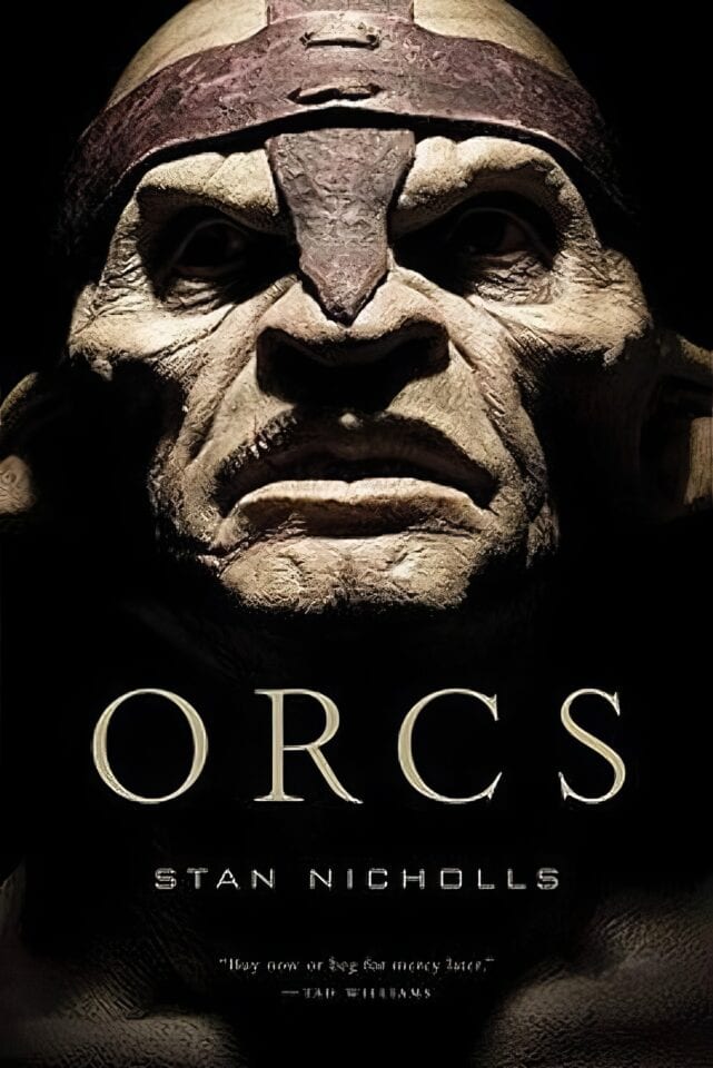 A group of orcs and humans engage in a fierce battle in a dark, dense forest. The Orcs Series by Stan Nicholls