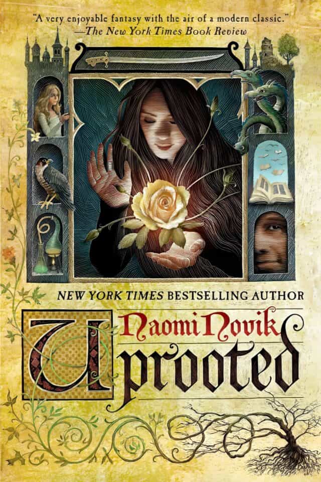 A dense, ancient forest at dusk with a figure standing among the trees. Uprooted by Naomi Novik