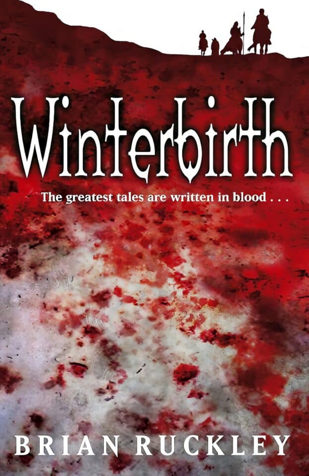 A solitary man stands on a snow-covered hill, observing a conflict in the distance. Winterbirth by Brian Ruckley