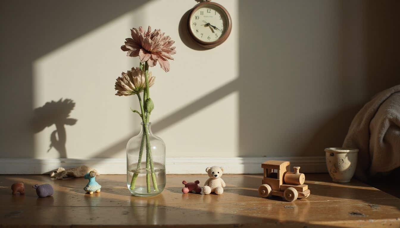 A wilted flower in a glass vase sits on a table surrounded by children's toys and a worn analog clock. A wilted flower in a glass vase sits on a table surrounded by children's toys and a worn analog clock.