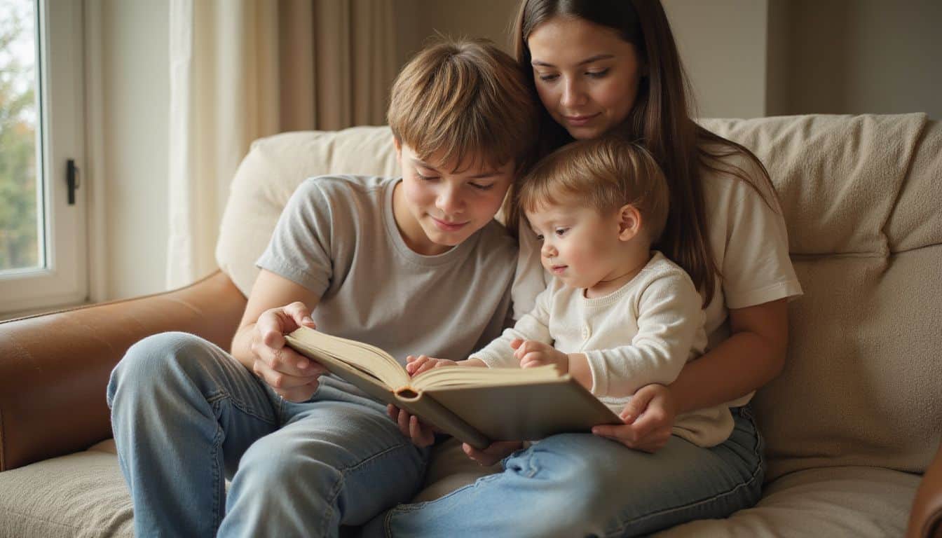 A parent and young child sit closely on a plush couch, reading a bedtime storybook together. A parent and young child sit closely on a plush couch, reading a bedtime storybook together.