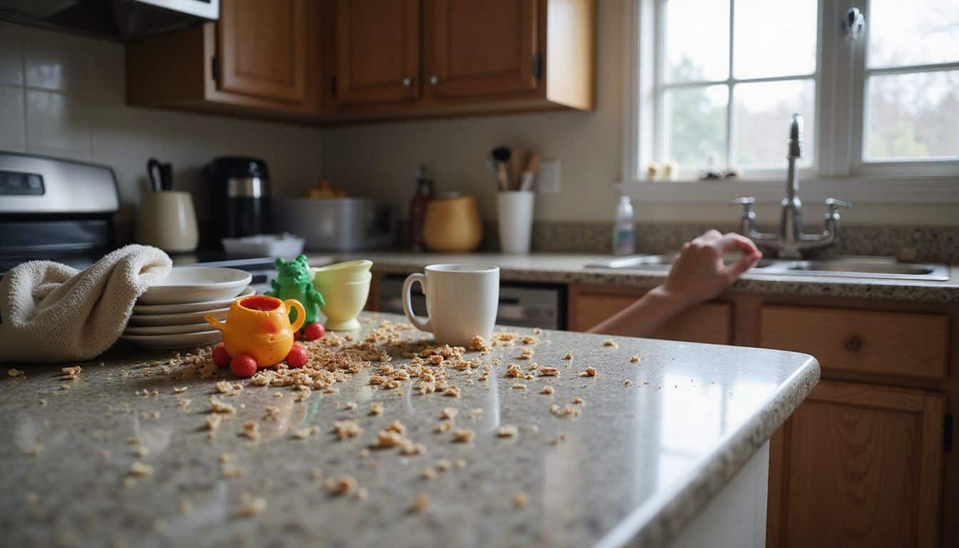 A cluttered kitchen with spilled cereal, toys, and dishes, showing signs of daily chaos and resilience. A cluttered kitchen with spilled cereal, toys, and dishes, showing signs of daily chaos and resilience.