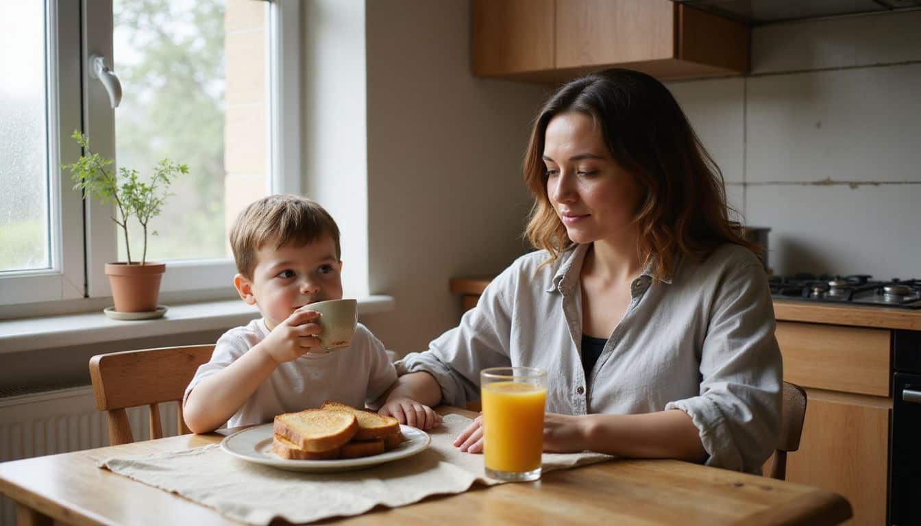 A single mother and her young child sit at a worn kitchen table, enjoying a simple breakfast. A single mother and her young child sit at a worn kitchen table, enjoying a simple breakfast.