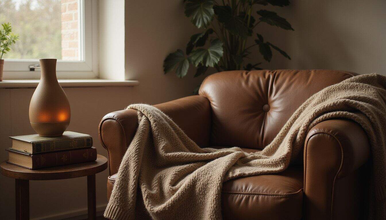 A cozy, well-loved armchair with a wool blanket, books, and an essential oil diffuser in a warmly lit room. A cozy, well-loved armchair with a wool blanket, books, and an essential oil diffuser in a warmly lit room.
